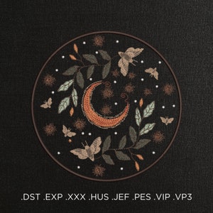 May include: Embroidered design of a crescent moon, leaves, and moths on a black background. The design is surrounded by a brown circle.