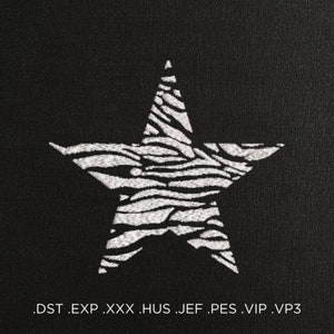 May include: A white star with a striped pattern on a black background. The text below the star reads: .DST .EXP .XXX .HUS .JEF .PES .VIP .VP3
