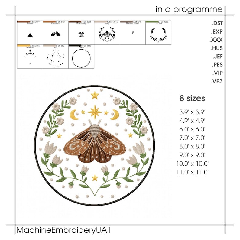 May include: An embroidered design featuring a brown moth with intricate wing patterns, surrounded by floral and celestial elements like stars and crescent moons. The design is circular and includes various size options, ranging from 3.9 x 3.9 inches to 11.0 x 11.0 inches.