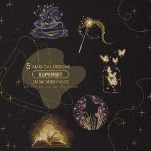 マジックエッセンシャルマシン刺繍デザインの限定セット、5つのマジック刺繍パターンのセット、マジックスクール刺繍、光沢のある刺繍