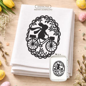 Vintage-Osterhasen-Stickmuster, Hasensilhouette auf Fahrrad, einfarbige Stickdatei, Frühlingsdeko im Landhausstil