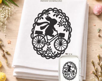 Vintage Easter Bunny Embroidery Design, Rabbit on Bicycle Silhouette, One Color Machine Embroidery File, Farmhouse Spring Decor