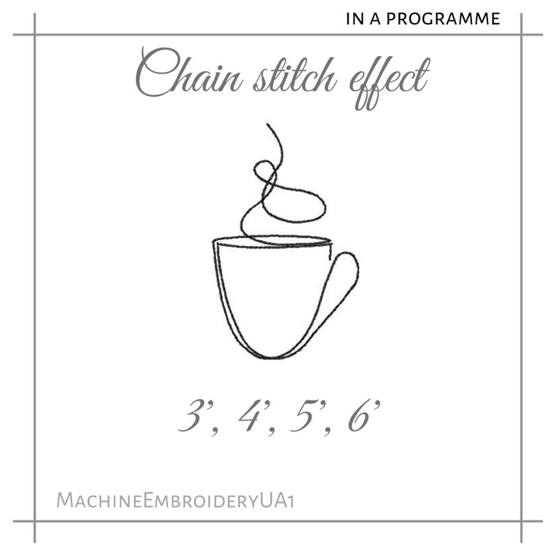 May include: A line drawing of a coffee cup with steam rising from it. The text "Chain stitch effect" and "3', 4', 5', 6'" are below the image. The text "MACHINEEMBROIDERYUA1" is at the bottom of the image.