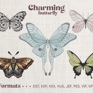 Op de afbeelding: Een set van vijf borduurpatronen met verschillende vlinderillustraties. De vlinders zijn in verschillende kleuren, waaronder zwart, wit, blauw, groen en roze. De tekst "Charming butterfly" en "Formats... DST, EXP, XXX, HUS, JEF, PES, VIP, VP3" is opgenomen in de afbeelding.