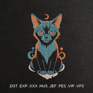 May include: Embroidered design of a teal and orange cat sitting with a crescent moon above its head. The cat is surrounded by a swirling design of teal and orange.