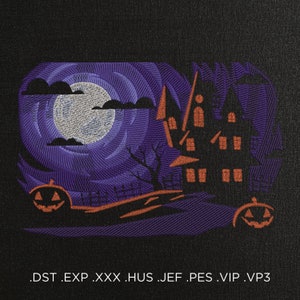 May include: A purple and orange embroidered design of a spooky Halloween scene with a haunted house, a full moon, and jack-o-lanterns.