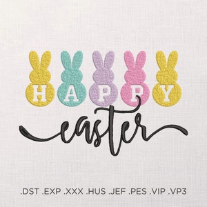 Könnte beinhalten: Happy Easter Stickdatei mit fünf gelben, blauen, violetten, rosa und gelben Hasensilhouetten, auf denen das Wort "HAPPY" auf jedem Hasen steht und das Wort "easter" in kursiver Schrift darunter.