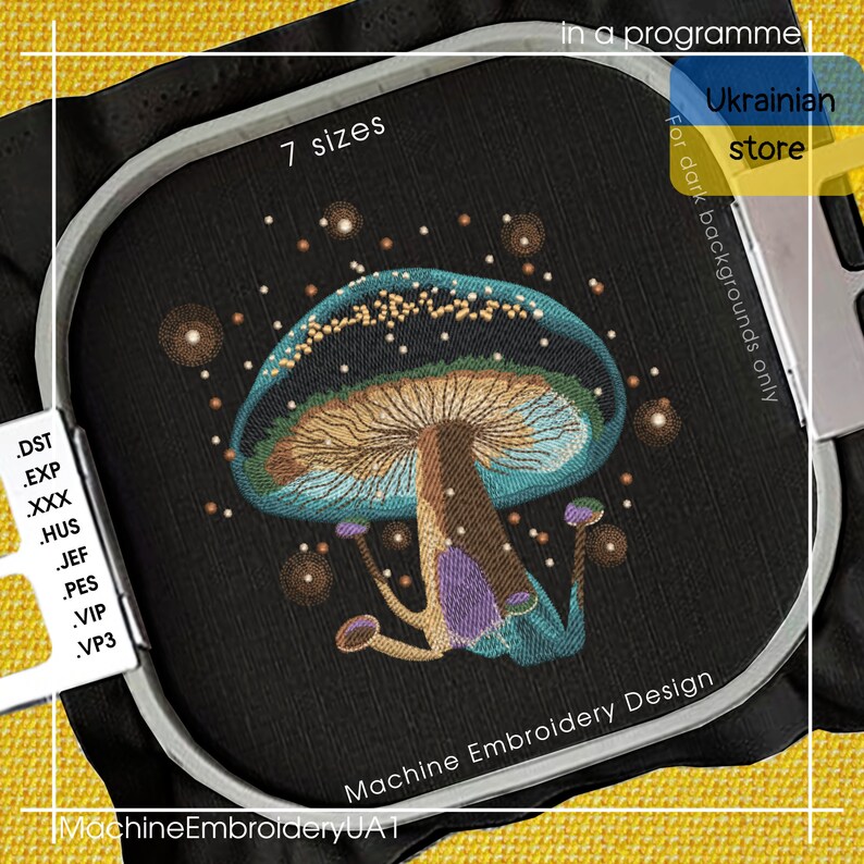 May include: Machine embroidery design of a blue and green mushroom with a brown stem and a dark background. The design is available in 7 sizes and is suitable for dark backgrounds only. The design is available in .DST, .EXP, .XXX, .HUS, .JEF, .PES, .VIP, and .VP3 formats.