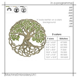 May include: A machine embroidery design of a tree of life with green leaves and brown branches. The design is available in 7 sizes, from 6 inches to 12 inches, and comes with 3 colors. The design is suitable for use with embroidery machines and can be used to create a variety of projects, such as clothing, home decor, and accessories.