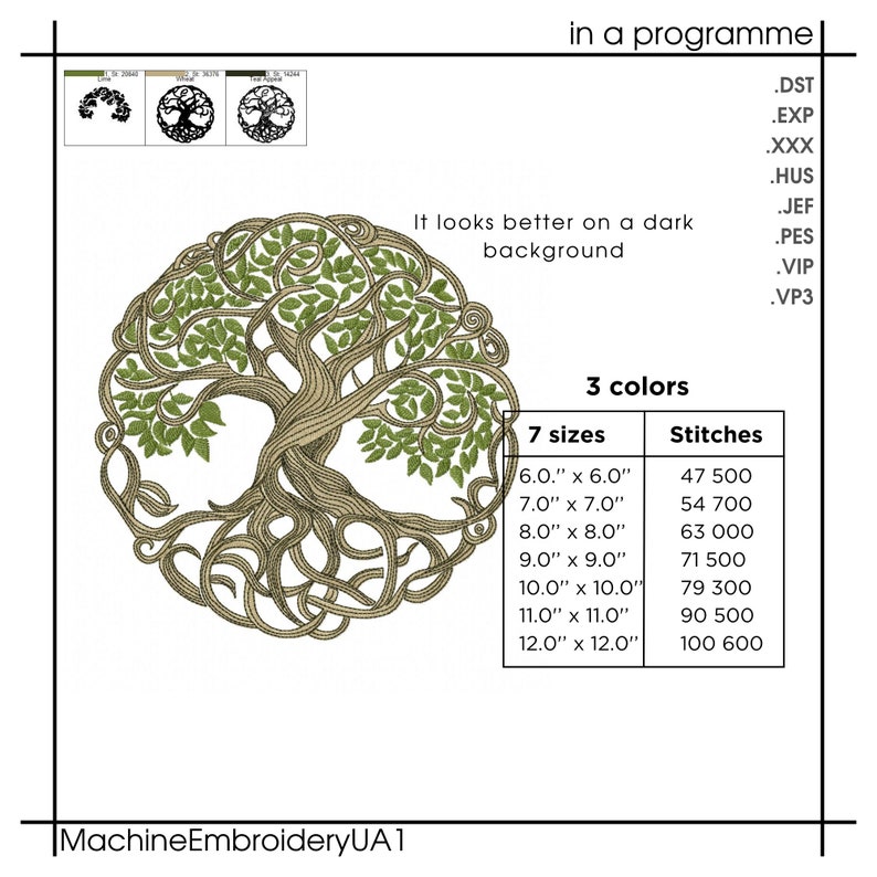 May include: A machine embroidery design of a tree of life with green leaves and brown branches. The design is available in 7 sizes, from 6 inches to 12 inches, and comes with 3 colors. The design is suitable for use with embroidery machines and can be used to create a variety of projects, such as clothing, home decor, and accessories.
