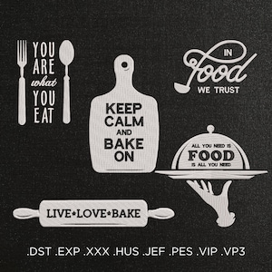 May include: White text on a black background with various baking-themed quotes and images. The text includes "You are what you eat", "Keep Calm and Bake On", "In Food We Trust", "All You Need Is Food Is All You Need", and "Live-Love-Bake". The images include a fork and spoon, a cutting board, a cloche, a rolling pin, and a hand holding a cloche.