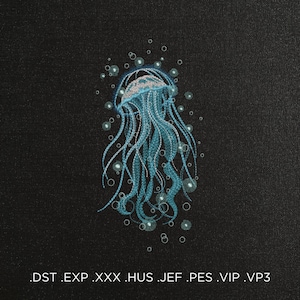 May include: Blue and white embroidered jellyfish with a bell-shaped head and long tentacles. The jellyfish is surrounded by small, white circles that resemble bubbles.