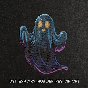 May include: A blue and purple embroidered ghost with yellow eyes and a smiling mouth. The ghost is on a black background.