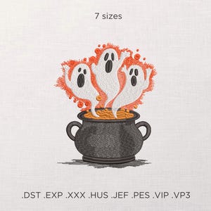 May include: An embroidered Halloween design featuring three white ghosts emerging from a black cauldron filled with orange liquid. The ghosts have open mouths and are surrounded by orange flames. The text "7 sizes" is at the top, and file types are listed at the bottom.