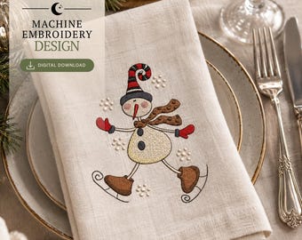 Maschinenstickerei-Design: Schneemann auf dem Eis, lustiges Winterurlaubsmuster