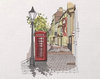 Street of London Machine Embroidery Design - Files of Embroidery Painting Street of London - 6 sizes - Instant Download