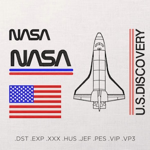 May include: Embroidered design featuring the NASA logo, the American flag, and a line drawing of the U.S. Discovery space shuttle. The text "U.S. DISCOVERY" is vertically aligned. The design includes various file extensions.
