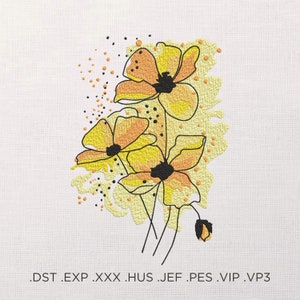 Puede incluir: Un diseño de bordado digital que presenta tres flores amarillas y naranjas con centros negros. Las flores están delineadas en negro y tienen un efecto acuarela. El diseño está sobre un fondo blanco.