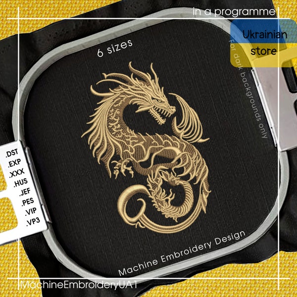 Diseño de bordado de máquina Golden Dragon - Archivos de bordado Golden Dragon - 6 tamaños - Descarga instantánea