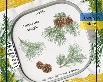 Cônes de Noël sur un motif de broderie machine de branche - Cônes sur un fichiers de broderie de branche - 5 tailles - Téléchargement instantané