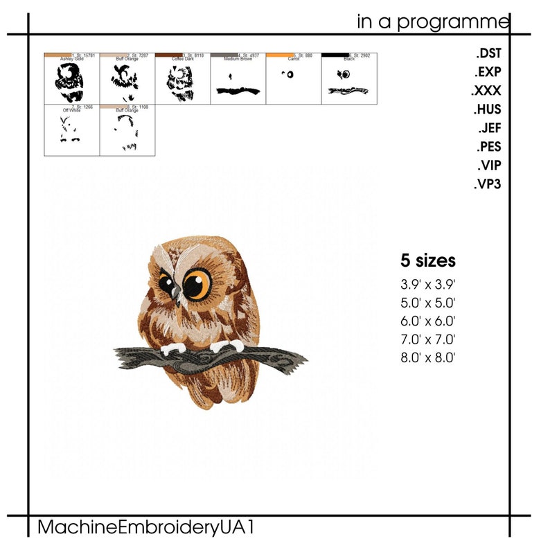 May include: An embroidered owl design in shades of brown and tan, perched on a branch. The image includes the text "5 sizes" with dimensions ranging from 9.9 cm x 9.9 cm to 20.3 cm x 20.3 cm. Additional text includes file formats and the MachineEmbroideryUA1 logo.