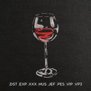 May include: A white wine glass with a red wine inside. The glass is outlined in white thread and the wine is filled in with red thread. The image is on a black background.