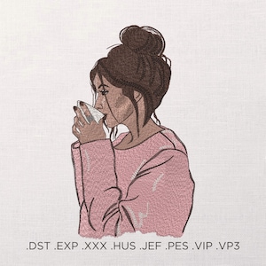 Girl with Coffee - Machine Embroidery Design - 6 sizes