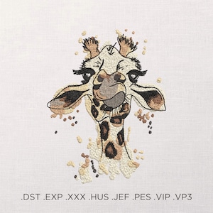 May include: An embroidered design of a giraffe's head with a playful expression. The giraffe is surrounded by brown and beige spots, creating a watercolour effect.