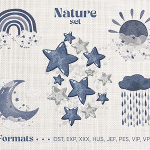 Può includere: Stampa d'arte digitale con un set a tema natura, tra cui arcobaleno, sole, luna, stelle e nuvola di pioggia in tonalità blu e grigie. La parola "Nature" è in alto, e "Formats" è in basso.