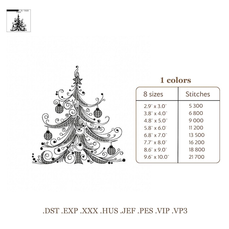 Elegant Christmas Tree Machine Embroidery Design, Filigree Xmas Digitized Stitch File for Small Business, Holiday Pattern PES DST image 4