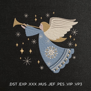 May include: Embroidered design of a blue angel with gold wings blowing a golden trumpet. The angel is surrounded by gold stars on a black background.