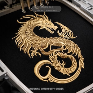 Diseño de bordado de dragón chino, archivo de bordado a máquina de dragón dorado, dragón de estilo japonés, bordado de dragón de fantasía, tatuaje de dragón