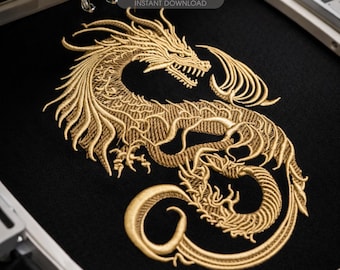 Chinese Dragon Embroidery Design, Gold Dragon Machine Embroidery File, Japanese Style Dragon, Fantasy Dragon Embroidery, Tattoo Dragon