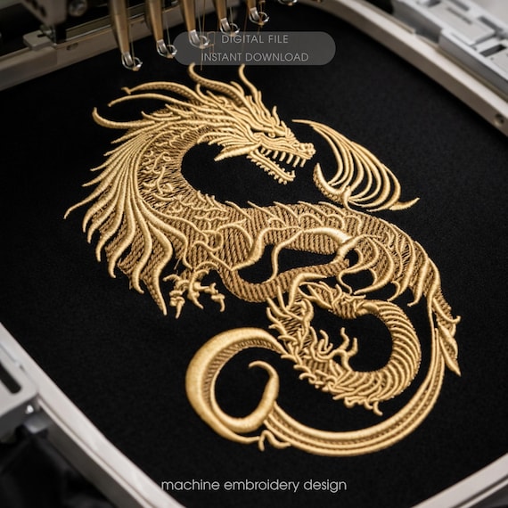 Chinese Dragon Embroidery Design, Gold Dragon Machine Embroidery File, Japanese Style Dragon, Fantasy Dragon Embroidery, Tattoo Dragon