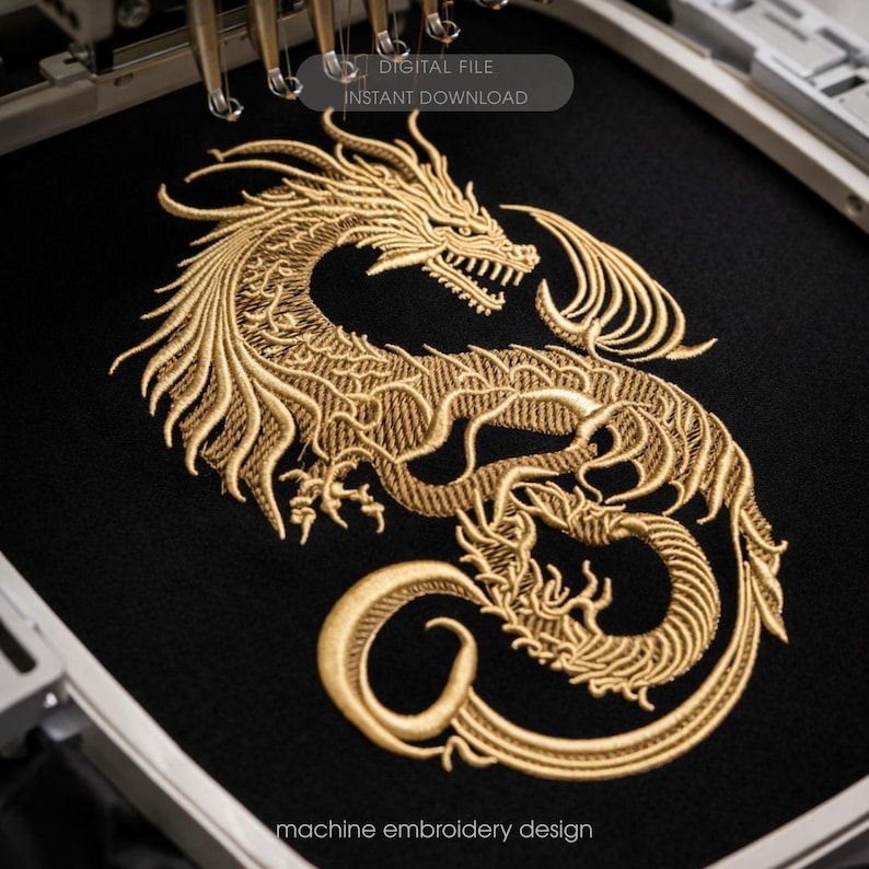Chinese Dragon Embroidery Design, Gold Dragon Machine Embroidery File, Japanese Style Dragon, Fantasy Dragon Embroidery, Tattoo Dragon image 1