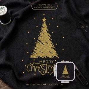 Cute Gold Christmas Tree Machine Embroidery Design, Sketch Merry Christmas Digitized Stitch File for Small Business, Xmas Pattern PES DST