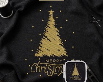 May include: A digital machine embroidery file design featuring a gold stitched Christmas tree topped with a star, surrounded by gold dots, and the text Merry Christmas in gold script on black fabric, with an embroidery hoop and thread spool.