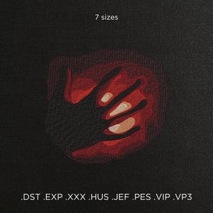Puede incluir: Una huella de mano roja sobre un fondo negro con el texto "7 tamaños" arriba y ".DST .EXP .XXX .HUS .JEF .PES .VIP .VP3" abajo.