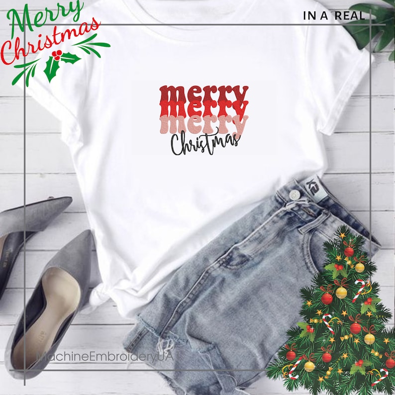 May include: A white short-sleeved t-shirt featuring the text "merry merry merry Christmas" in stacked red, pink, and black lettering. The shirt is paired with blue denim shorts and gray high-heeled shoes, presented with festive holiday graphics.