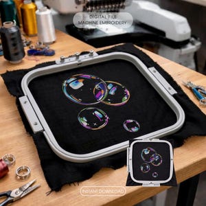May include: A black fabric square with a machine-embroidered bubble design, held in a silver embroidery hoop. The image includes the text "DIGITAL FILE MACHINE EMBROIDERY" and "INSTANT DOWNLOAD".