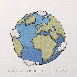 Erde-Maschinenstickmuster, Planet mit Wolken-Stickerei-Design, Geografie-Themen-Stickerei, umweltfreundliches Planeten-Stickerei-Design