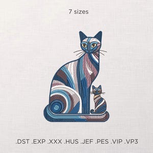 May include: Embroidered design featuring two stylized cats in shades of blue, pink, and brown. The larger cat sits upright next to a smaller cat. The text "7 sizes" is above the cats. Below the cats are file extensions.