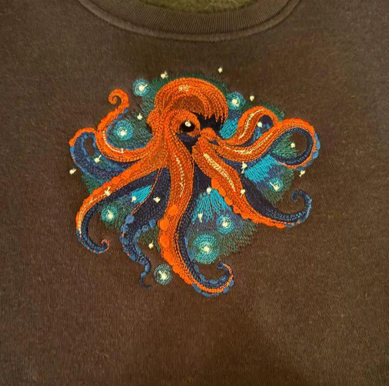 Diseño de bordado a máquina de pulpo mágico con luciérnagas - Archivos de bordado de pulpo - 7 tamaños - Descarga instantánea imagen 3