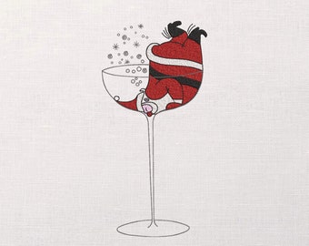 Santa Claus in a Glass of Champagne Machine Embroidery Design - Santa in a Glass of Embroidery Files - 7 Sizes - Instant Download
