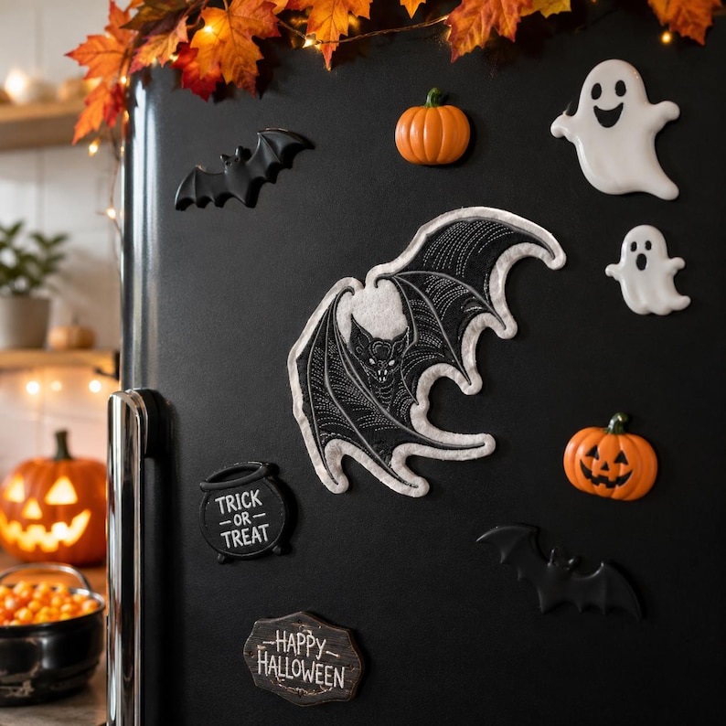May include: A black and white embroidered bat patch with detailed wing patterns, displayed on a black refrigerator alongside various Halloween-themed magnets including pumpkins, ghosts, bats, and signs reading Trick or Treat and Happy Halloween.