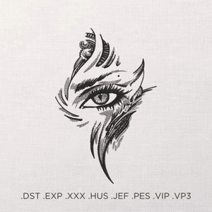 Puede incluir: Diseño bordado en blanco y negro de un ojo con detalles intrincados, sobre un fondo de tela blanca. El diseño presenta un ojo estilizado con largas pestañas y un iris detallado. La imagen incluye extensiones de formato de archivo en la parte inferior.