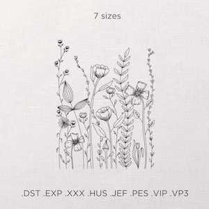 Könnte beinhalten: Schwarz-weiße Strichzeichnung verschiedener Wildblumen und Blätter. Der Text "7 sizes" steht über der Illustration. Darunter die Dateiendungen .DST .EXP .XXX .HUS .JEF .PES .VIP .VP3.