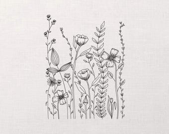 Zarys kwiatów polnych Maszyna do haftu Projekt, Jednokolorowy haft, Kwiatowy haft na damską koszulkę, Stylowy haft na poszewkę na poduszkę