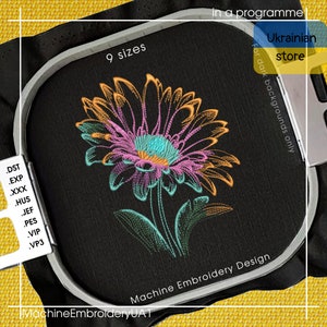 Bright neon flower on a dark background machine embroidery design - Neon flower embroidery files - 9 sizes - Instant download