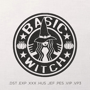 May include: Black and white embroidery design of a witch with a witch hat and a pumpkin. The design is in a circle with the words "BASIC WITCH" around the outside.